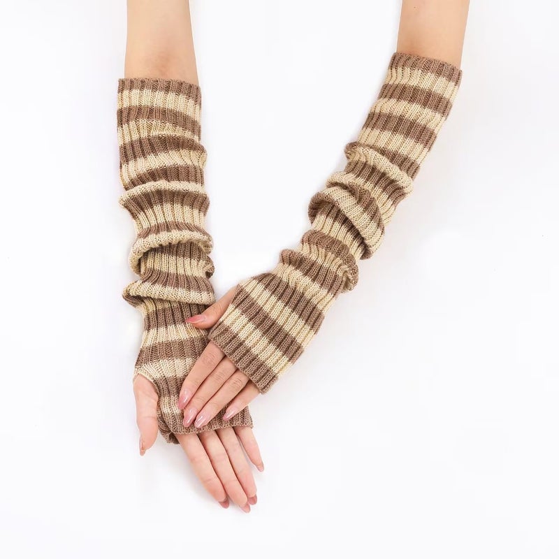 Sumleno Long Fingerless Gloves Knitted Y2k Striped Arm Warmers for Women Girls Punk Gothic Emo Scene Grunge Accessories - Image 2